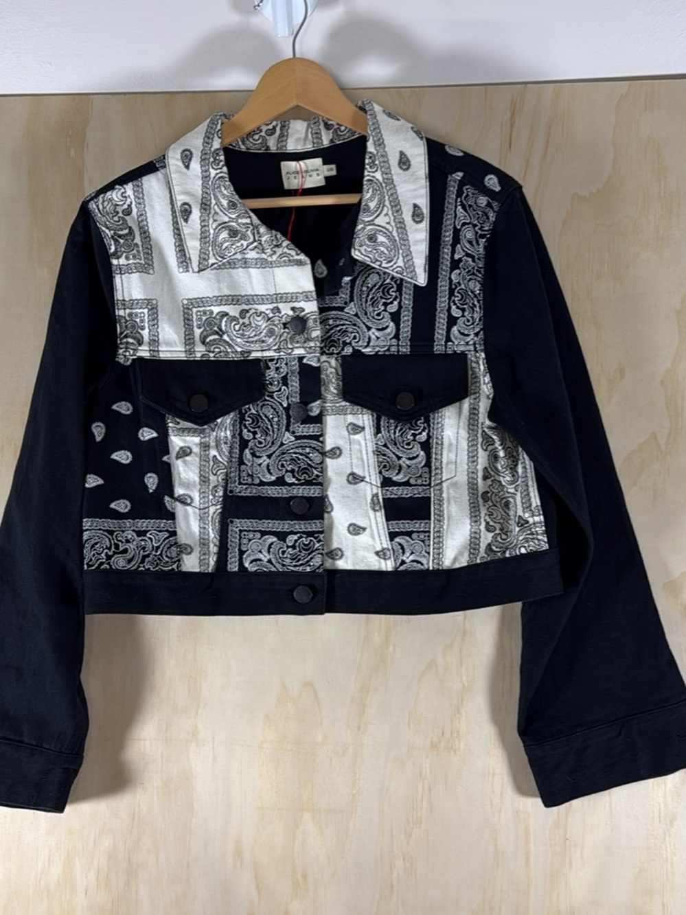 Alice + Olivia Cropped Black & White Bandana Print Jean Jacket